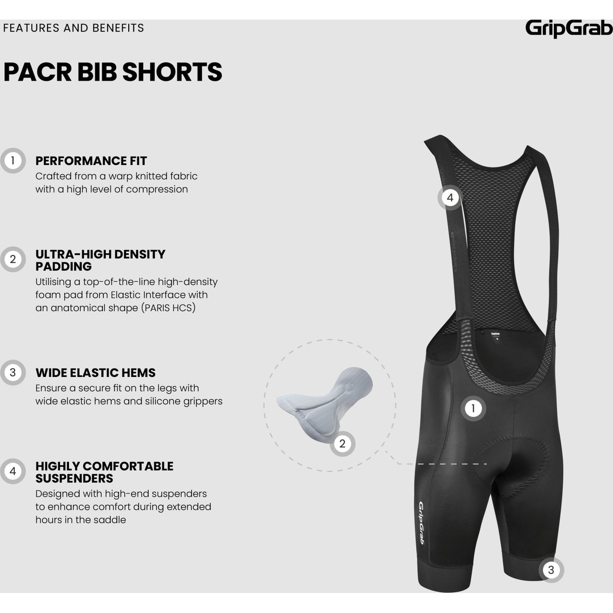 GripGrab PACR Bib Shorts – Sorte cykelshorts med seler